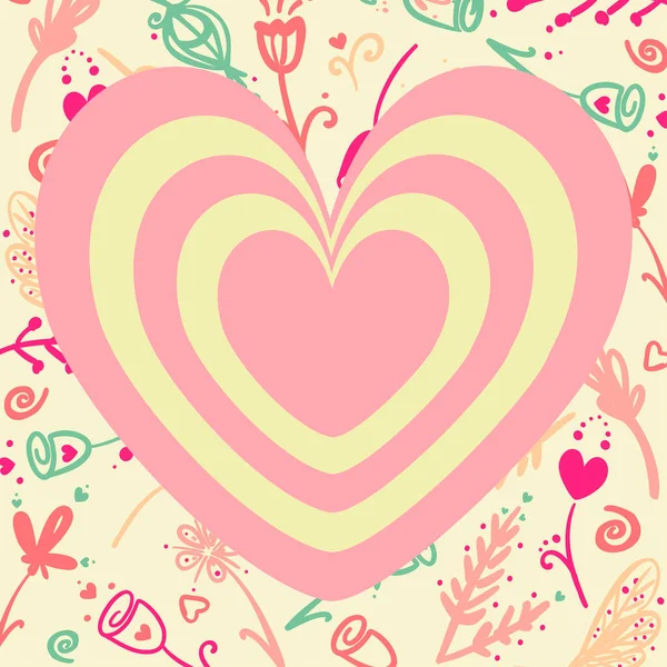 Çiçek arkaplanındaki soyut kalp vektör çizimi. Pastel pembe ve sarı kalp ve çiçek soyut elementler. Yapraklar, çiçek nesneleri. Romantik Sevgililer Günü kartı. Romantik tasarım. 