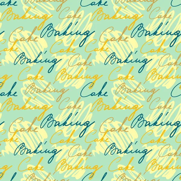 Yemek Harfi vektör deseni. Mavi, sarı, bej harfler mavi arka planda el yazısıyla yazılmış harfler. Tatlılar. Pastane, pasta kelimeleri. Hamur, ekmek, turta, meyve, kruvasan, kurabiye. Kafe menüsü tasarla.