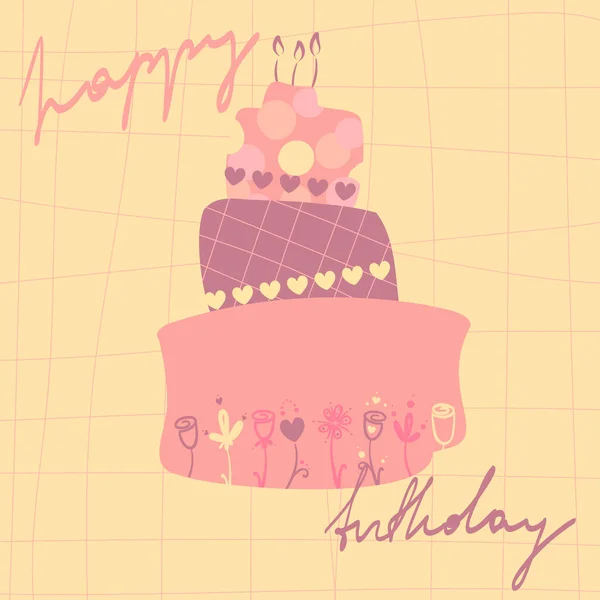 明るいフラットスタイルの誕生日ケーキベクトルイラスト パステルピンク ベージュ 桃ピンクの色のレタリングと層状ケーキ 手描きのおめでとうございます 漫画風 細胞の背景 面白いデザインだ ギフトカード — ストックベクタ