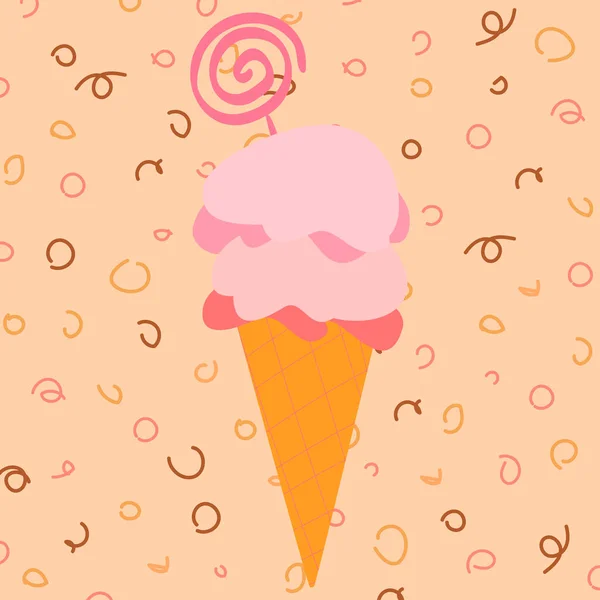 Düz çilekli dondurma vektör çizimi. Dondurma külahları. Üstünde şeker olan çilekli tatlı yaz tatlısı. Cafe Tatlısı. Çizgi film tarzı. Parlak pembe renkler. Soyut pembe arkaplan.