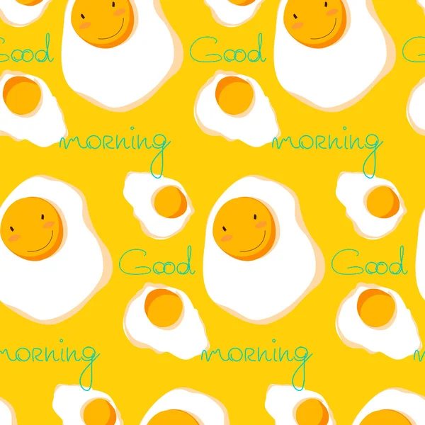 Sarı arka planda sade kızarmış yumurta vektör çizimi. Gülen surat yumurtası. Kahvaltı menüsü. Kahvaltı menüsü duvar kağıdı. İyi sabahlar. Mavi el çizilmiş harfler. Komik çizgi film tarzı.