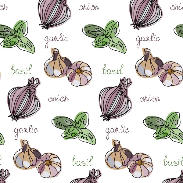 Basit sebze vektör deseni. Beyaz arka planda zarif sarımsak, soğan, fesleğen yaprakları. Sebzeli el çizimi. Doğal renkler. Yeşil, mor, gri. Hasat et. Sağlıklı ürünler.