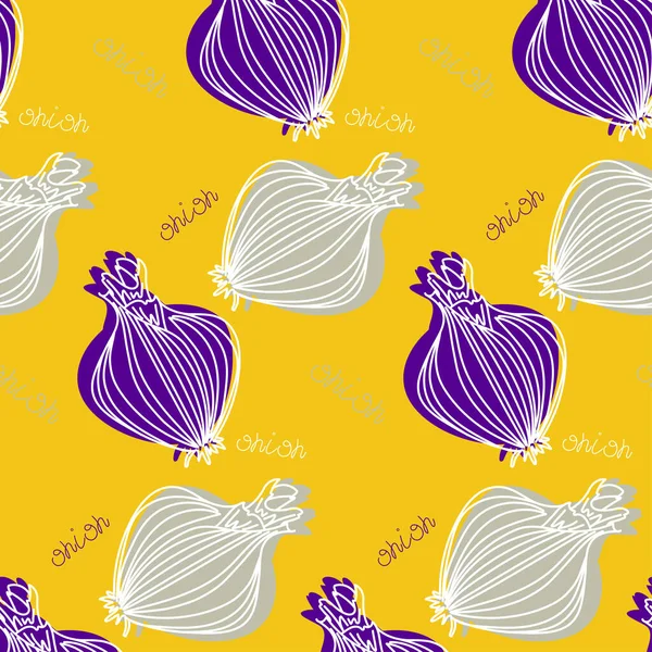 Basit sebze vektör deseni. Parlak sarı arka planda zarif mor ve gri soğan çizimi. Sebzeli el çizimi. Yaz havası renkleri. Sarı, mor, gri. Hasat et. Sağlıklı ürünler.