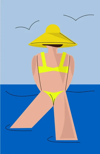 Flat Illustration Girl Yellow Swimsuit Hat Blue Sea Background View — Stockový vektor