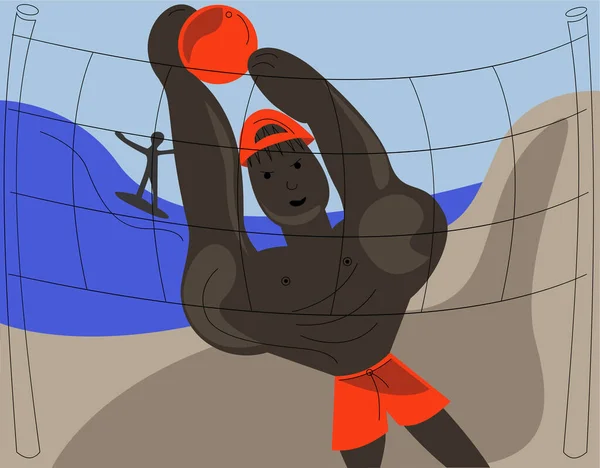 Flat Illustration Guy Red Shorts Red Cap Who Plays Volleyball — Wektor stockowy