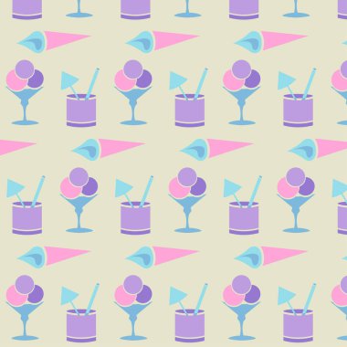 Seamless blue-pink pattern from the glass composition with a straw, an umbrella, ice cream in a bowl, and an ice cream cone on a blue-yellow background.