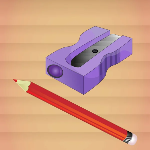Purple Sharpener Red Pencil Red Stem Eraser Wooden Surface Brown — Stockvector