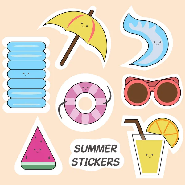 Set Summer Stickers Emojis Inscription Blue Air Mattress Yellow Umbrella — Stockvektor