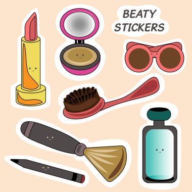 A set of beauty cosmetic makeup stickers with emojis and the inscription: lipstick, powder in a pink round box, a rectangular bottle of perfume, red glasses, a hairbrush, a black eyeliner, and a brush