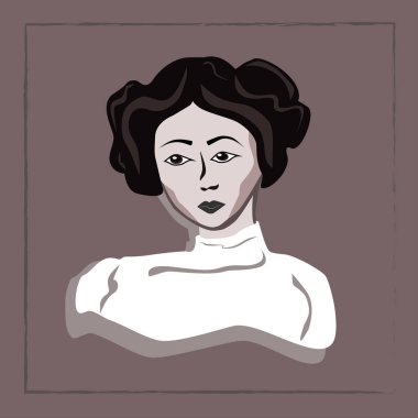 Princess Leia is in a flat style in a white dress and two muzzles on her head on a brown background in a dark brown frame.