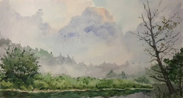 Watercolor Image Landscape Riverside Cloudy Summer Day — Stock Photo, Image