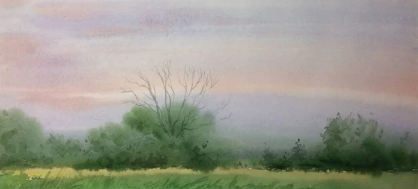 Watercolor Landscape Summer Morning Countryside — Stock Photo, Image