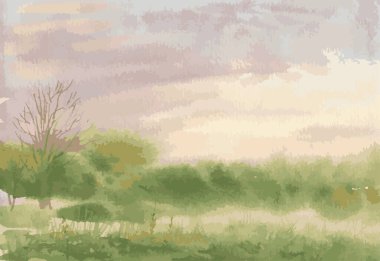 Kırsal kesimdeki erken sisli sabahın suluboya ilkbahar manzarası