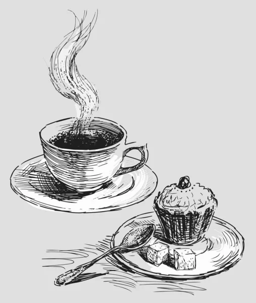 コーヒーカップのスケッチ 小さじ1杯とカップケーキ — ストックベクタ