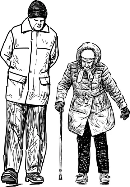 Σκίτσο Ζευγαριών Ηλικιωμένων Συζύγων Που Περπατούν Έξω Μαζί — Διανυσματικό Αρχείο