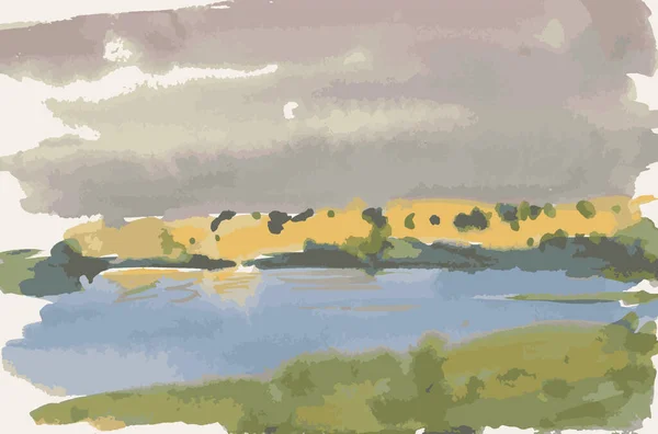 Vector Abstract Watercolor Sketch Landscape Riverside Cloudy Sky — Stock Vector