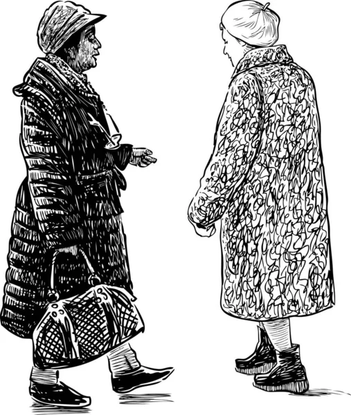 Skizzen Von Zwei Lässigen Älteren Frauen Die Die Straße Entlanggehen — Stockvektor