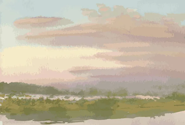 Vektor Akvarell Landskap Dimma Över Floden Tidig Rosa Morgon — Stock vektor