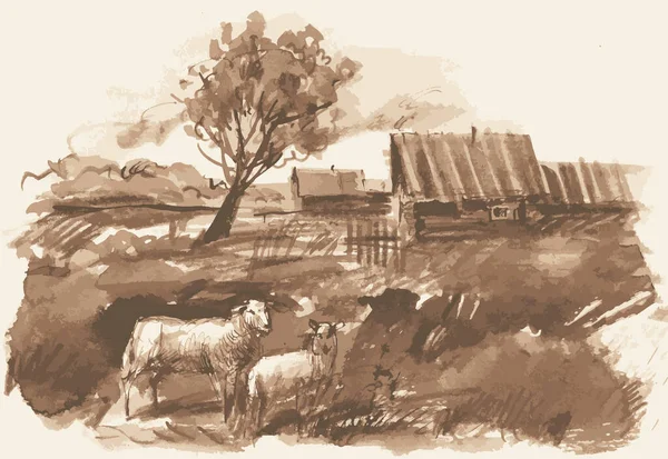 Διάνυσμα Υδατογραφία Μονόχρωμη Σχέδιο Του Τοπίου Του Χωριού Βόσκηση Πρόβατα — Διανυσματικό Αρχείο