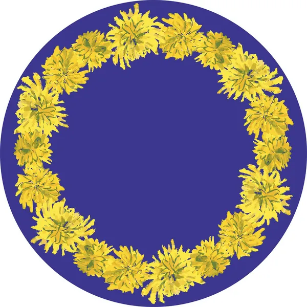 Okrągły Dekoracyjny Obramowanie Akwarelowy Pędzel Rysunek Żółty Kwiat Głowa Purpurowy — Wektor stockowy