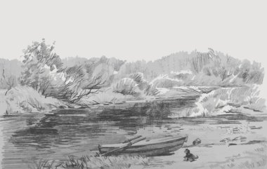 Nehir kenarlarında ağaçlar, kayıklar ve köpeklerle birlikte tek renkli manzara çizimi