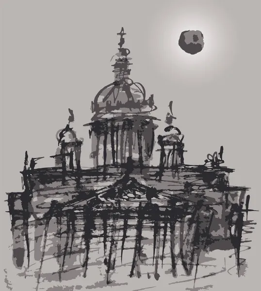 Vektor Akvarell Abstrakt Pensel Ritning Antika Katedralen Månsken Natt — Stock vektor
