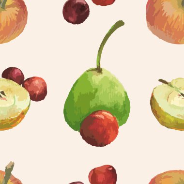 Olgun elma, kiraz, yeşil armut, kırmızı erik suluboya çizimlerinden kusursuz desen