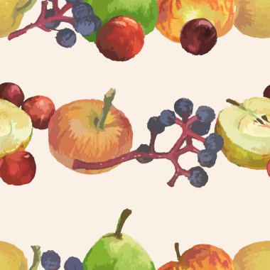Çeşitli olgun meyvelerin, sarı elmaların, kırmızı kirazların ve eriklerin, mavi böğürtlenlerin, yeşil armutların sulu boya çizimlerinden kusursuz desen
