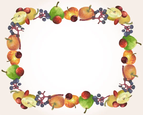 Tarjeta Decorativa Con Borde Dibujos Acuarela Varias Frutas Maduras Manzanas — Archivo Imágenes Vectoriales