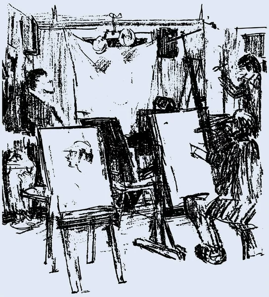 Outline Textured Drawing Artists Easels Workshop Sketching Person — Stock vektor