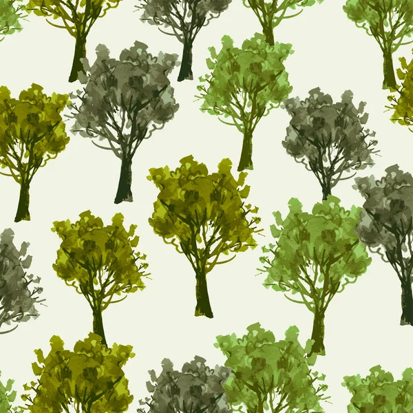 Seamless Pattern Watercolor Drawings Abstract Deciduous Trees Summer Forest — стоковый вектор