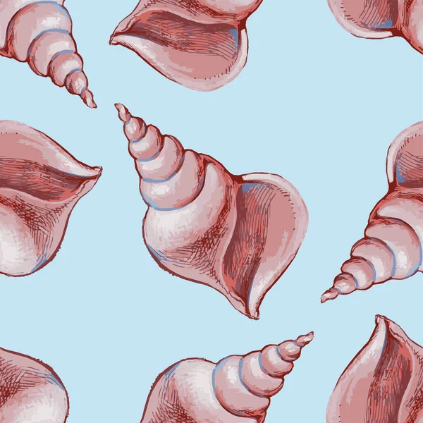 Seamless Pattern Watercolor Vector Drawings Big Pink Seashells — стоковый вектор