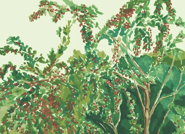 Watercolor Drawing Branches Fruit Tree Red Ripe Berries Green Leaves — 图库矢量图片