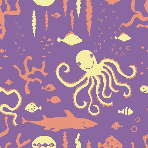 Fundo Sem Costura Silhuetas Desenhos Animados Criaturas Marinhas Subaquáticas —  Vetores de Stock