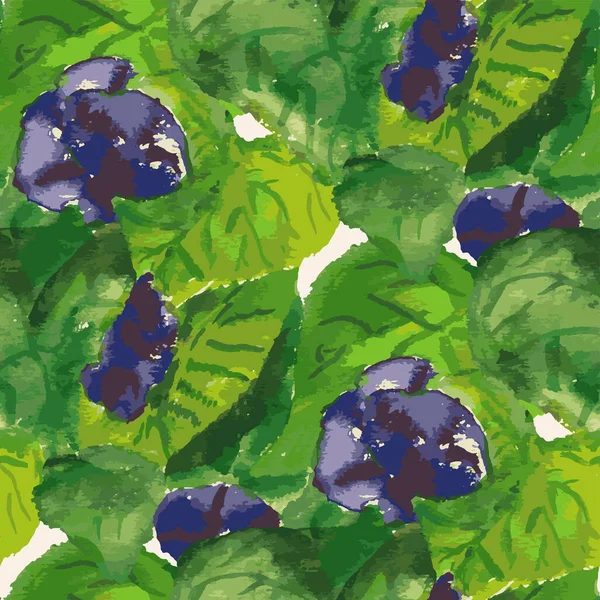 夏园绿叶中盛开的紫色花朵水彩画的无缝背景 — 图库矢量图片