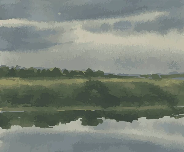 曇りの夏の日に川沿いの風景の水彩ベクトル描画 — ストックベクタ