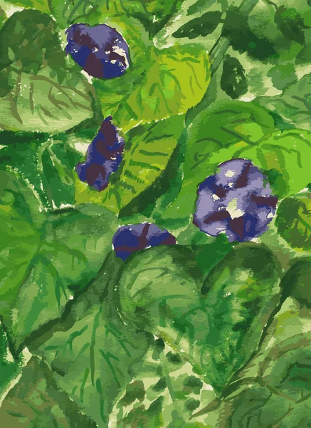 Акварельный Векторный Рисунок Природного Фона Цветущих Фиолетовых Цветов Зеленых Листьях — стоковый вектор