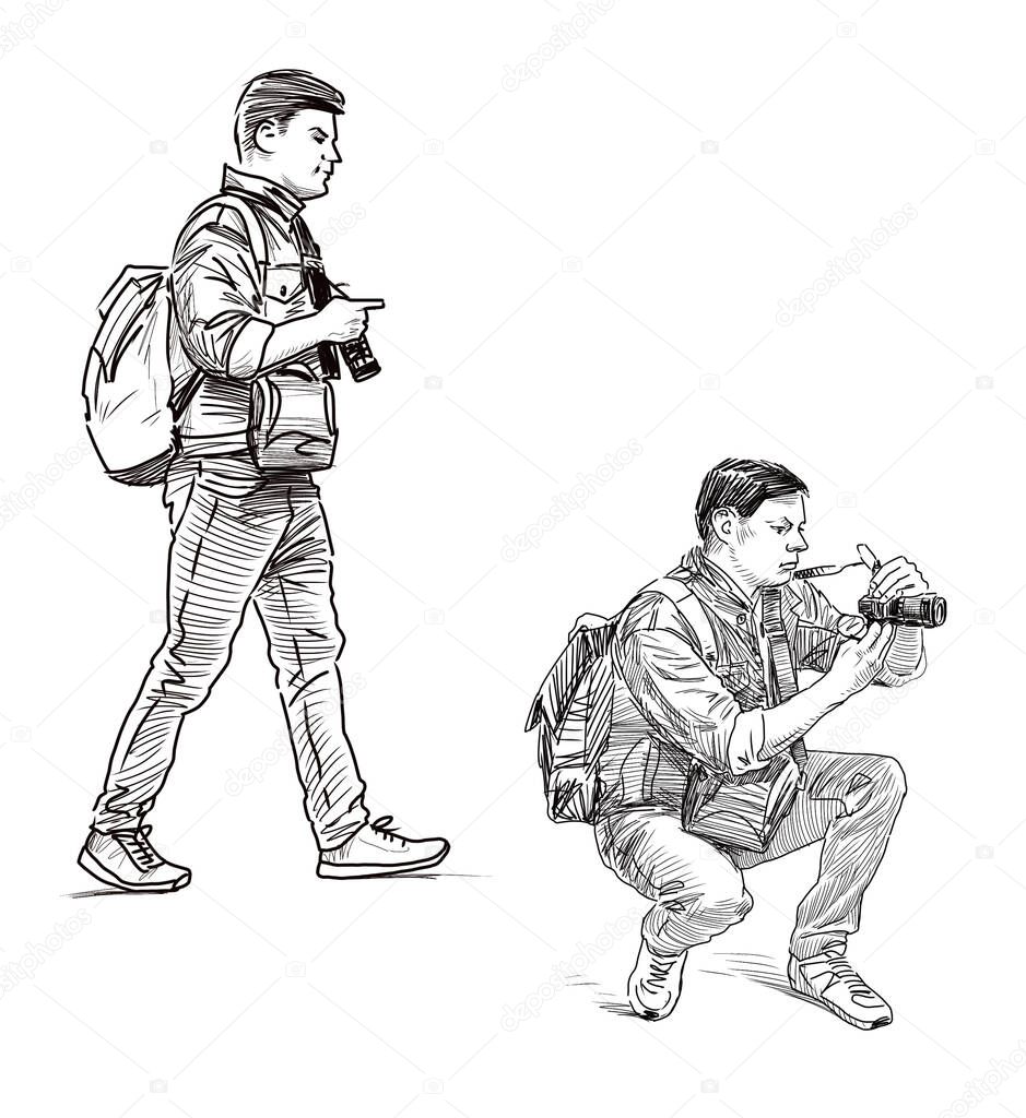 Sketches of photographer with camera and backpack walking, crouching and taking picture outdoors