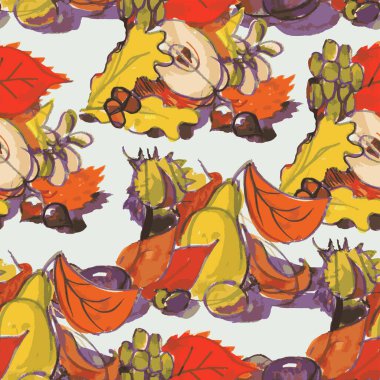 Çeşitli soyut olgun meyve ve yaprakların suluboya çizimlerinden kusursuz desen 