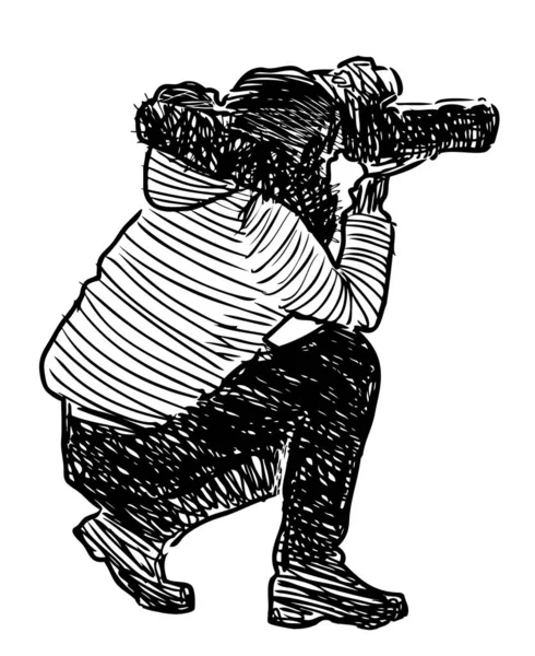 Ruční Kresba Siluety Žena Fotograf Skrčený Střelba Kameru — Stockový vektor