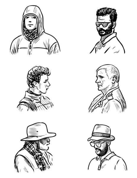 Obrysové Kresby Různých Mužských Portrétů Různého Věku — Stockový vektor