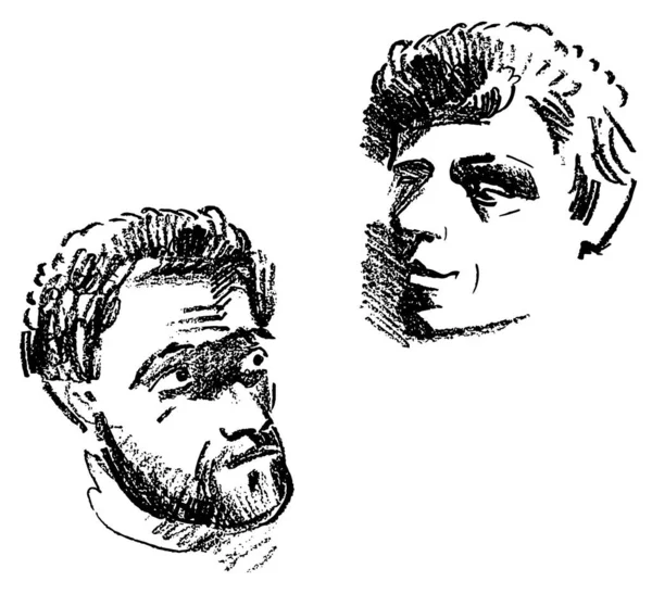 Esquema Dibujo Texturizado Dos Cabezas Masculinas Hombres Casuales Abstractos — Vector de stock