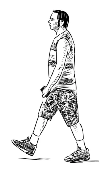 一个手持智能手机在户外散步的休闲男人的画像 — 图库矢量图片