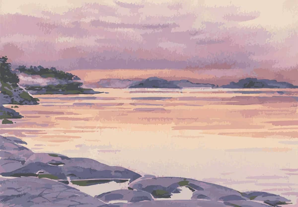 Акварель Векторна Ілюстрація Пейзажу Рожевим Заходом Сонця Над Озером — стоковий вектор