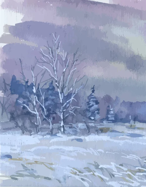寒い曇りの日に凍った木々や草と冬の風景の水彩ベクトル図面 — ストックベクタ
