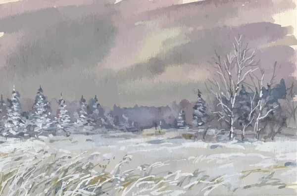 Акварельный Векторный Рисунок Пейзажа Сельской Местности Замерзшими Деревьями Травой Зимний — стоковый вектор
