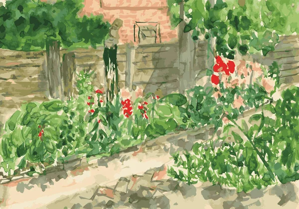 Watercolor Vector Illustration Pathwalk Rural House Flower Beds Trees Summer — Stock Vector