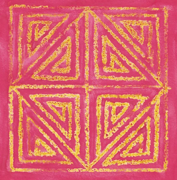 Yellow ornament on pink background in watercolor technique