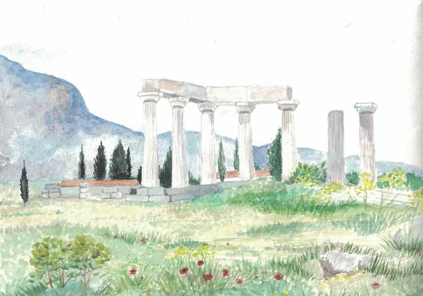 Suluboya tekniğinde antik bir tapınağın kalıntıları.