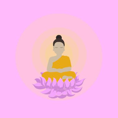 Cute buddha in glow, meditating monk. Pink page and colorful clipart character. Cartoon design for t shirt print, icon, logo, label, patch or sticker